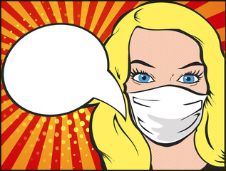 Pop art blonde female face in medical mask. Woman with comic speech bubble. Pop art healthcare vector illustration