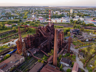 Blast furnace equipment of the metallurgical plant, drone aerial view