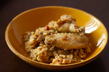 Chicken with rice and vegetables, vegan food, protein, gastronomic food.