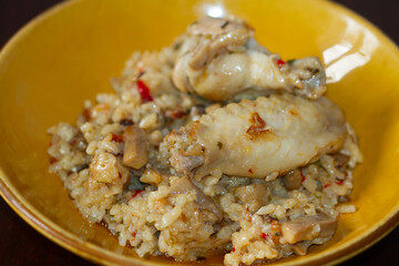 Chicken with rice and vegetables, vegan food, protein, gastronomic food.