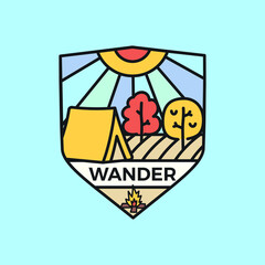 Wander logo emblem template, adventure label design with tent and trees. Unusual line art retro style sticker. Stock vector linear badge