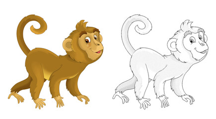 cartoon sketch scene with monkey ape on white background - illustration
