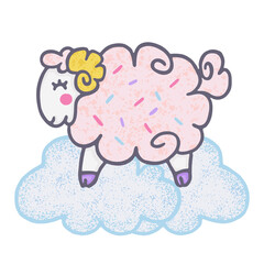 Vector illustration with cute sheep on blu clouds. Colorful doodle with cartoon fluffy ram.