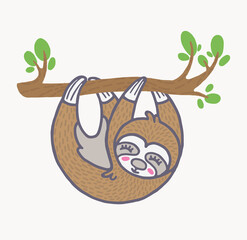 Vector illustration with a cute sloth hanging on a tree branch. Colorful doodle with cartoon animal.