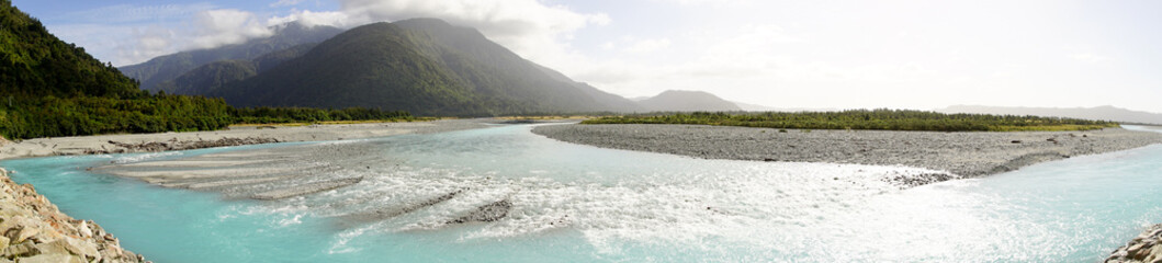 panorama of Whataroa River, New Zealand
