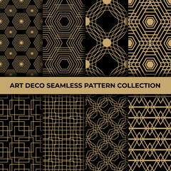 Art deco seamless pattern collection. Luxury elegance abstract patterns set. Retro style golden seamless textures on a black background.