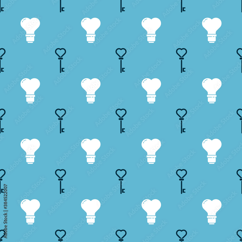 Poster set key in heart shape and heart shape in a light bulb on seamless pattern. vector.