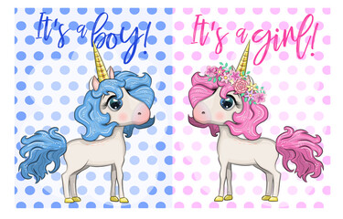 Baby Shower Greeting Card with cute Cartoon Unicorn girl and boy
