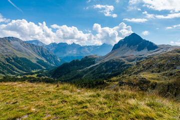 Naklejka na ściany i meble Landscape in the mountains in canton Graubünden, Switzerland. 