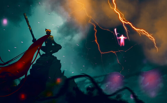 Digital illustration painting design style god of monkey fighting with god of war, against thunder and lightning.