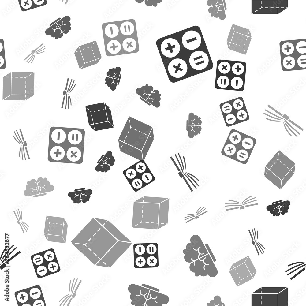 Poster set calculator, human brain, open book and geometric figure cube on seamless pattern. vector.
