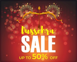 Vector illustration of Dussehra Sale banner, upto 50% off, Indian festival offer, bow and arrow, fireworks on beautiful bokeh background, sale offer template for websites.