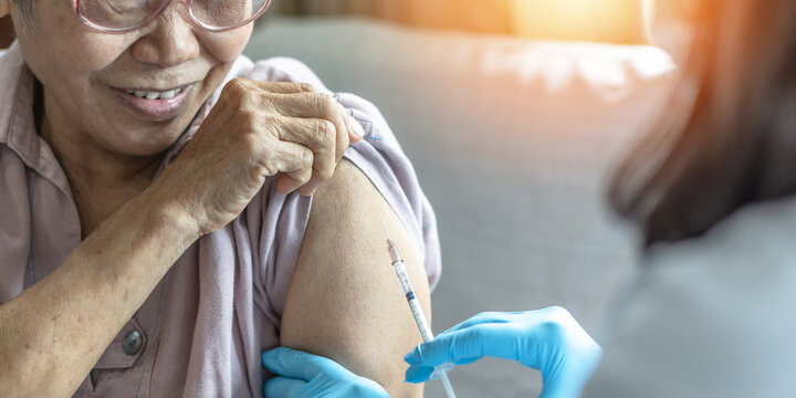 Vaccine shot for elderly vaccination, medical immunization for aging senior woman, older patient, geriatric treatment from disease such as coronavirus, covid-19, Influenza, pneumococcal or hepatitis B