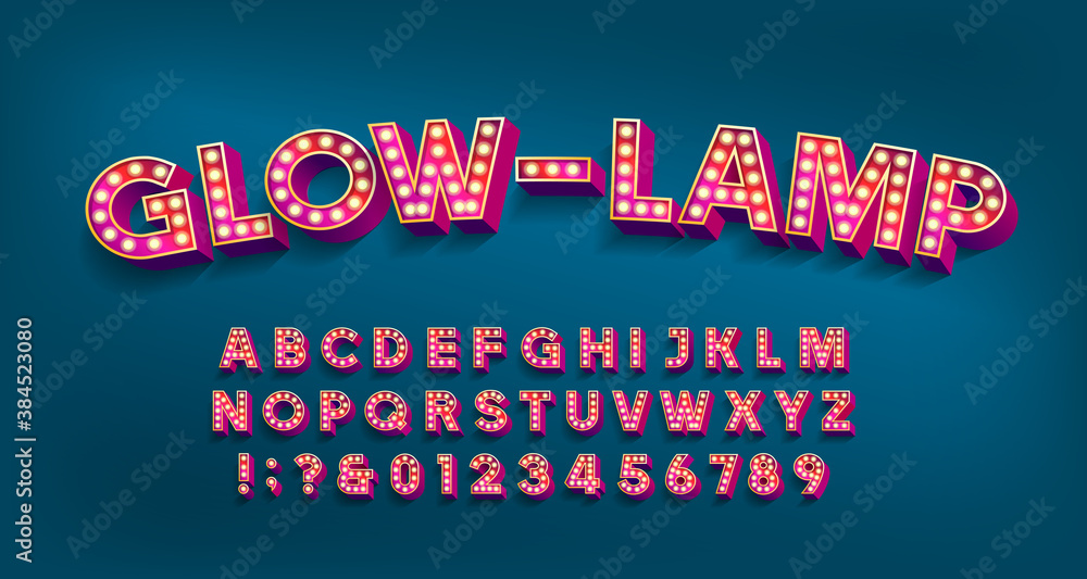 Fototapete glow-lamp alphabet font. 3d letters and numbers with light bulbs and shadows. vector typescript for 