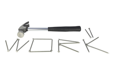 Hammer and the word work laid out of nails are isolated on a white background