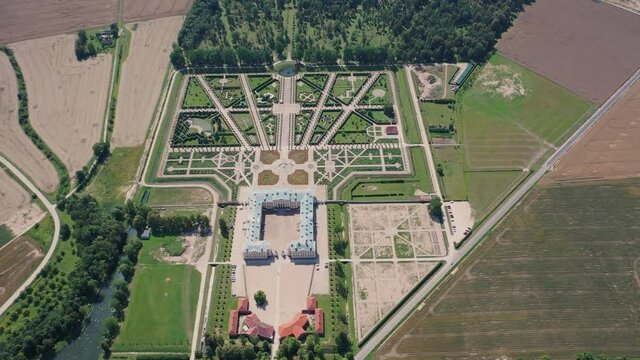Beautiful panoramic aerial 4K video from flying drone on Rundale (Rundāle) palace and it's gardens, built in 18th Century. Rundale, Zemgale, Latvia (Series)