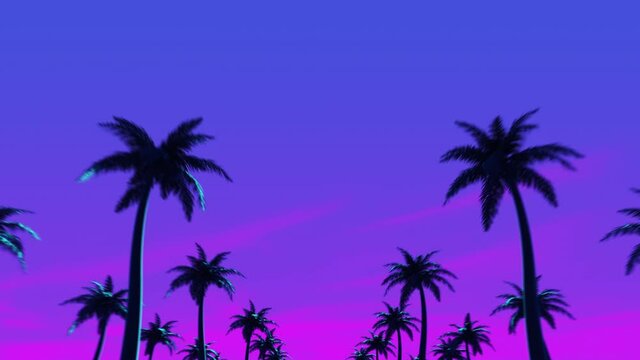 Palm tree silhouettes movement. Exotic tropical dynamic background. Vibrant pink and blue colors. Synthwave or vaporwave clip. Seamless loop intro footage. Retrowave trendy 80s, 90s style 4K animation