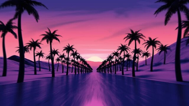 Sunset drive on tropical ocean coast road. Pink colored sun light reflection. Palm tree silhouettes along the highway. Mountains on the skyline. Countryside evening trip. Retro wave style 4K Animation