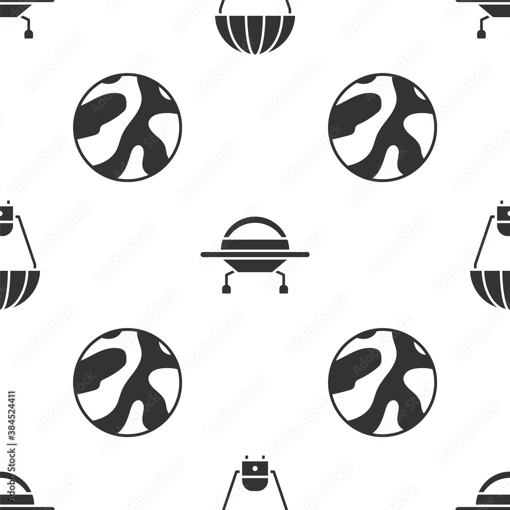 Poster set space capsule and parachute, ufo flying spaceship and planet on seamless pattern. vector.