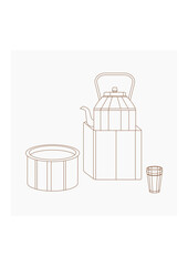 Editable Masala Chai Tea in A Glass Mug with Metal Kettle on Stove and Saucepan Vector Illustration in Outline Style for Artwork Element of Beverages With South Asian Culture and Tradition Design