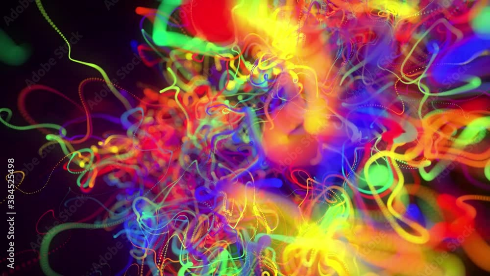 Poster abstract looped background with flow of glow multicolor lines or light streaks. running lights parti