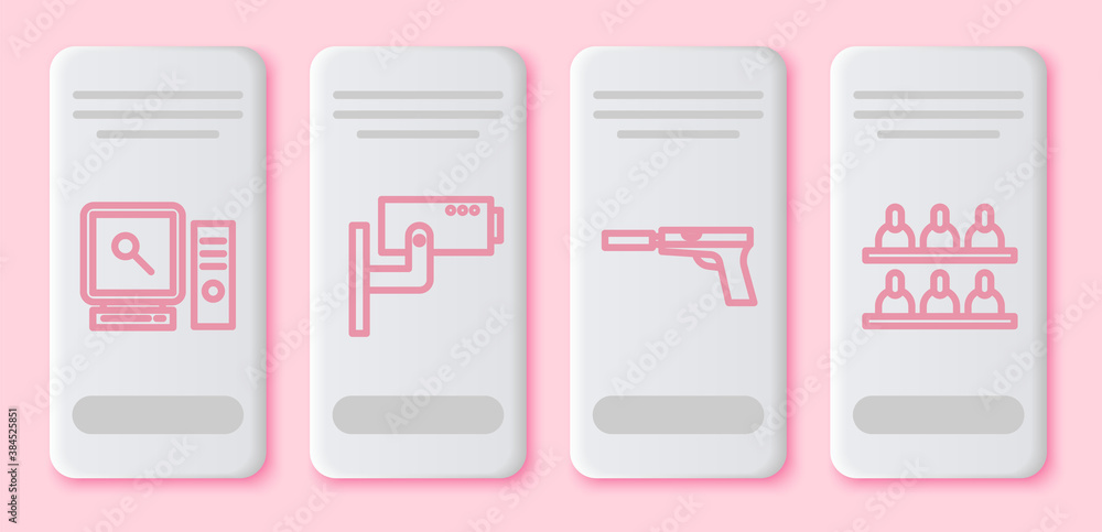 Poster set line search on computer screen, security camera, pistol or gun with silencer and jurors. white r