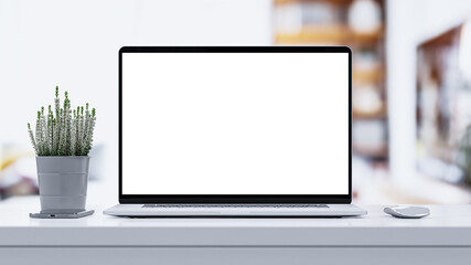 Laptop blank screen on white wooden table with mouse, smartphone and heather flower, 3d rendering. Home interior or office background