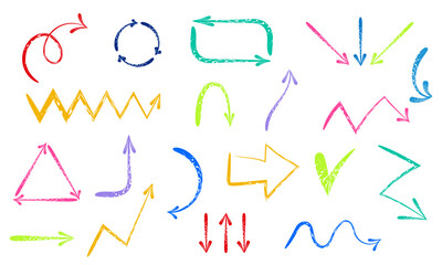 Hand drawn arrow icons vector set solated on white background.Up and down marker sketch arrows, right and left direction pointers, cycle and way symbols.