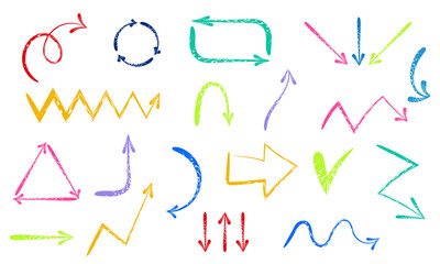 Hand drawn arrow icons vector set solated on white background.Up and down marker sketch arrows, right and left direction pointers, cycle and way symbols.