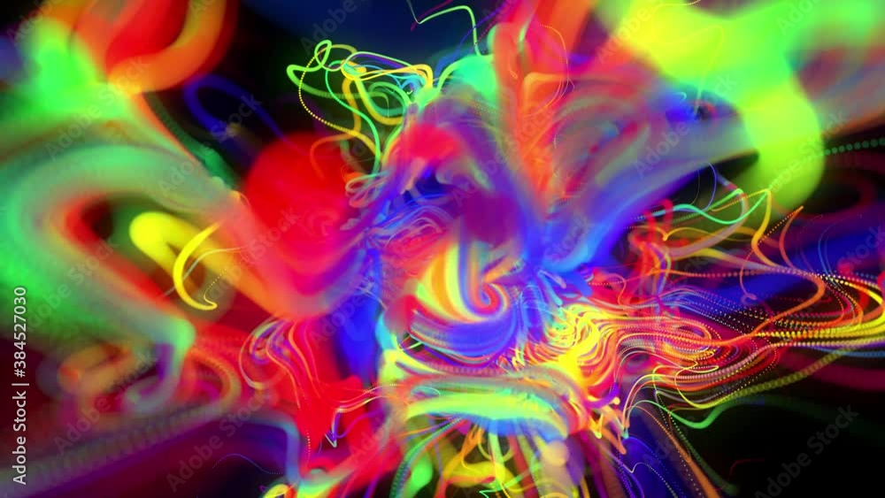 Poster abstract looped background with flow of glow multicolor lines or light streaks. running lights parti