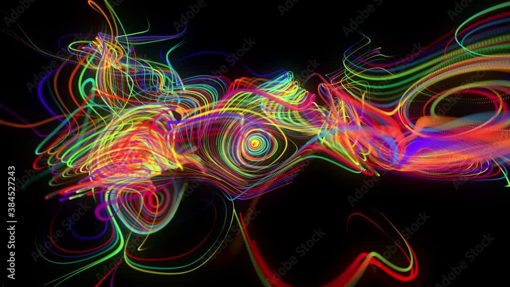 Poster abstract looped background with flow of glow multicolor lines or light streaks. running lights parti