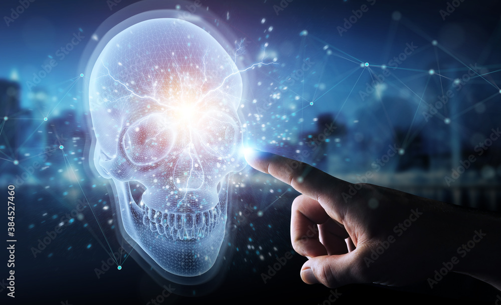 Poster man hand using digital x-ray skull holographic scan projection 3d rendering