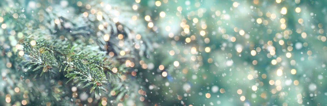 Christmas And Winter Background With Fir Branch, Falling Snowflakes And Magic Gold Bokeh Lights - Festive Holiday Decoration