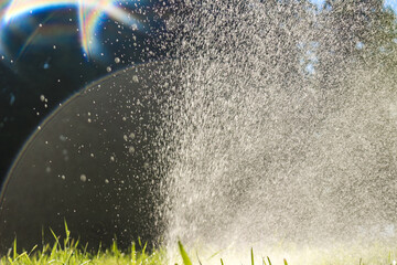 Water shed splashes and bokeh from watering in summer garden with sprinkler on grass lawn and tree background. - obrazy, fototapety, plakaty