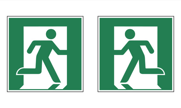 Emergency exit (right and left hand) sign. Vector illustration of green square sign with man and exit door icon inside. Running man symbol isolated on background. Evacuation label.