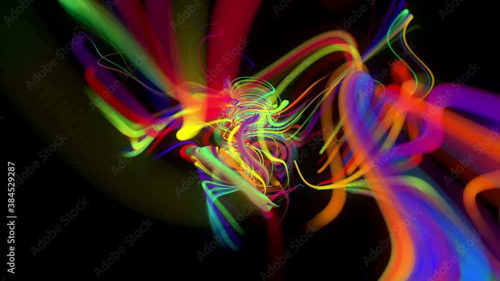 Poster abstract looped background with flow of glow multicolor lines or light streaks. running lights parti