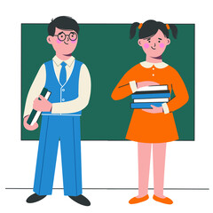 Fototapeta premium Schoolboy and a schoolgirl stand at the blackboard in the classroom, they hold books in their hands.