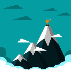 The trophy is on the highest mountain. Concept of the reward of high life