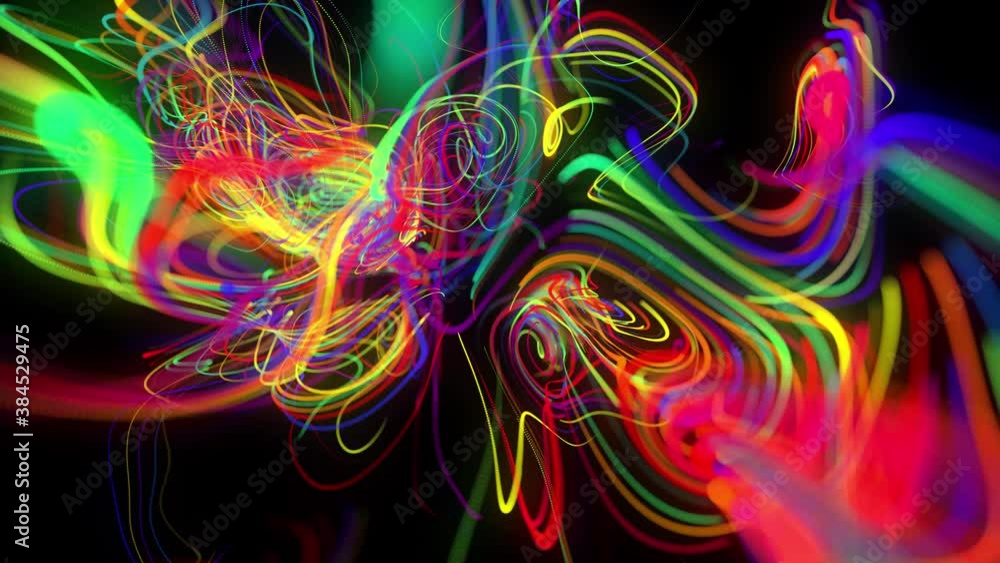 Poster abstract looped background with flow of glow multicolor lines or light streaks. running lights parti