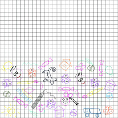 Doodle pattern for a child, hand - drawn, a set of doodles items from the life of a child on a pattern in a cage.back to school doodle