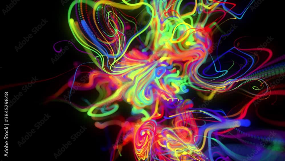 Poster abstract looped background with flow of glow multicolor lines or light streaks. running lights parti