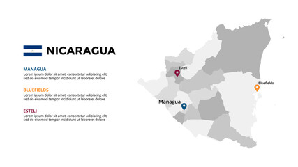 Nicaragua vector map infographic template. Slide presentation. Global business marketing concept. North America country. World transportation geography data. 