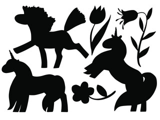 Hand drawn vector silhouette set of unicorns and flowers isolated on white background. Black and white  stock illustration of magic creature and plants.