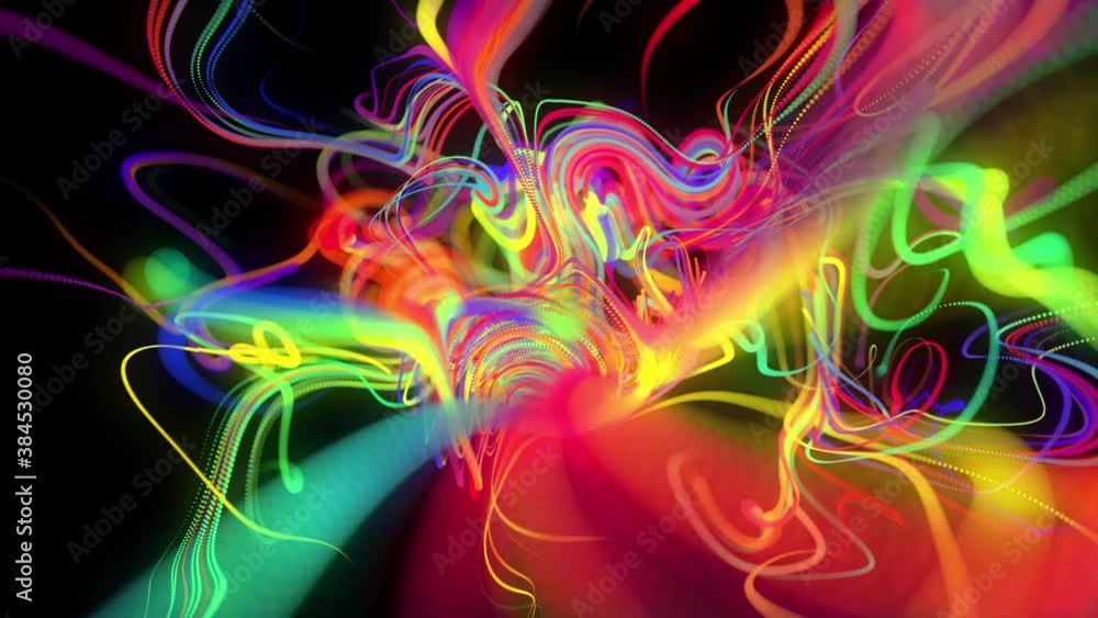 Poster abstract looped background with flow of glow multicolor lines or light streaks. running lights parti