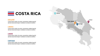 Obraz premium Costa Rica vector map infographic template. Slide presentation. Global business marketing concept. North America country. World transportation geography data. 