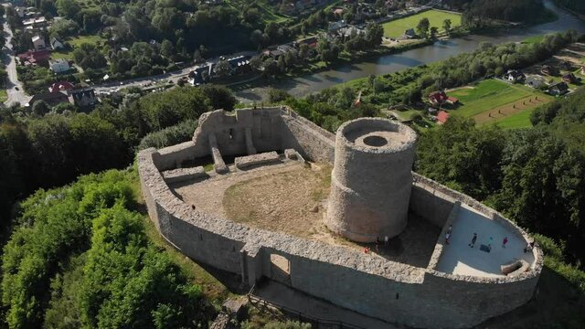 Flying around castle in village Rytro, Poland