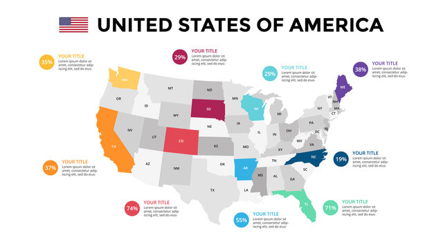 United States of America vector map infographic template. Slide presentation. North America USA country. World transportation geography data. 