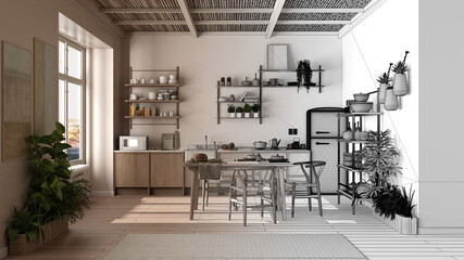 Architect interior designer concept: unfinished project that becomes real, eco country kitchen, sustainable parquet, dining table, bamboo ceiling. Natural recyclable architecture