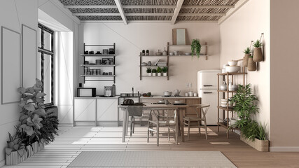 Architect interior designer concept: unfinished project that becomes real, eco country kitchen, sustainable parquet, dining table, bamboo ceiling. Natural recyclable architecture