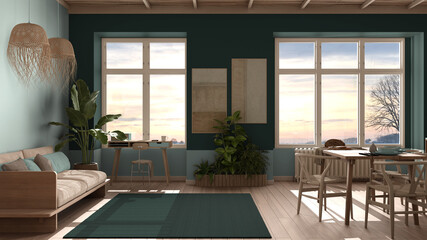 Country living room, eco interior design in turquoise tones, sustainable parquet, dining table, chairs, wooden shelves and bamboo ceiling. Natural recyclable architecture concept